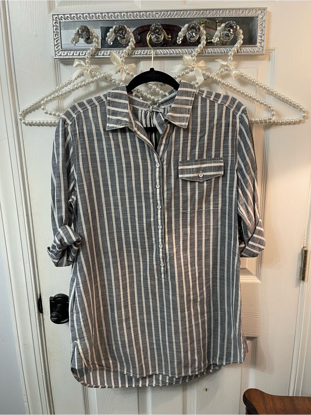 Women's Gray & White Vertical Nautical Stripe Buttoned Shirt